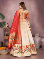 White color jecquard paithani silk lehenga with zari weaving work