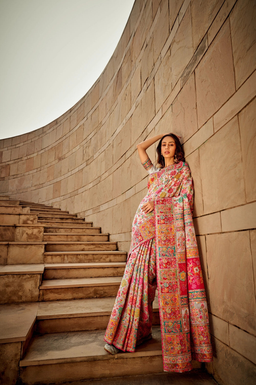 White traditional pashmina cotton saree with woven design