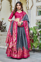 Gray and pink color dola silk lehenga with patola printed work