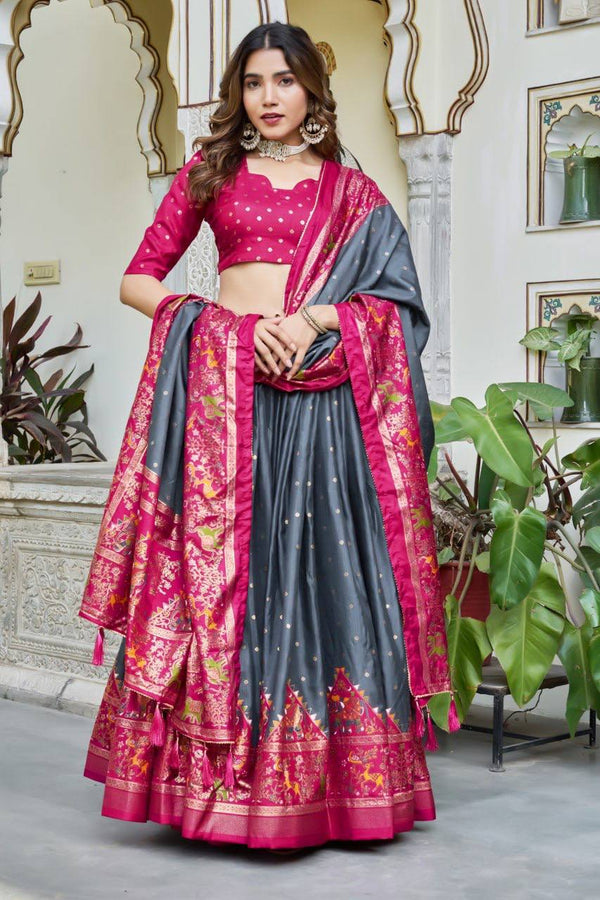 Gray and pink color dola silk lehenga with patola printed work