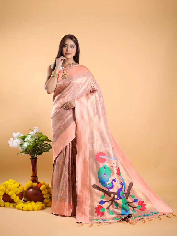 Peach color paithani silk saree with zari weaving work