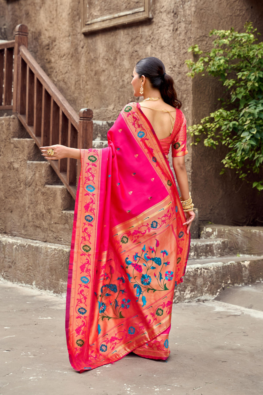 Traditional pink paithani silk saree with zari weaving work