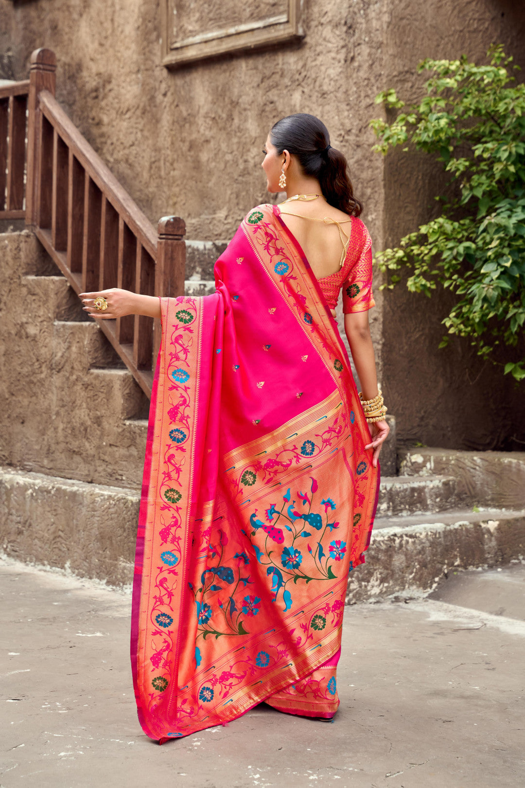 Traditional pink paithani silk saree with zari weaving work