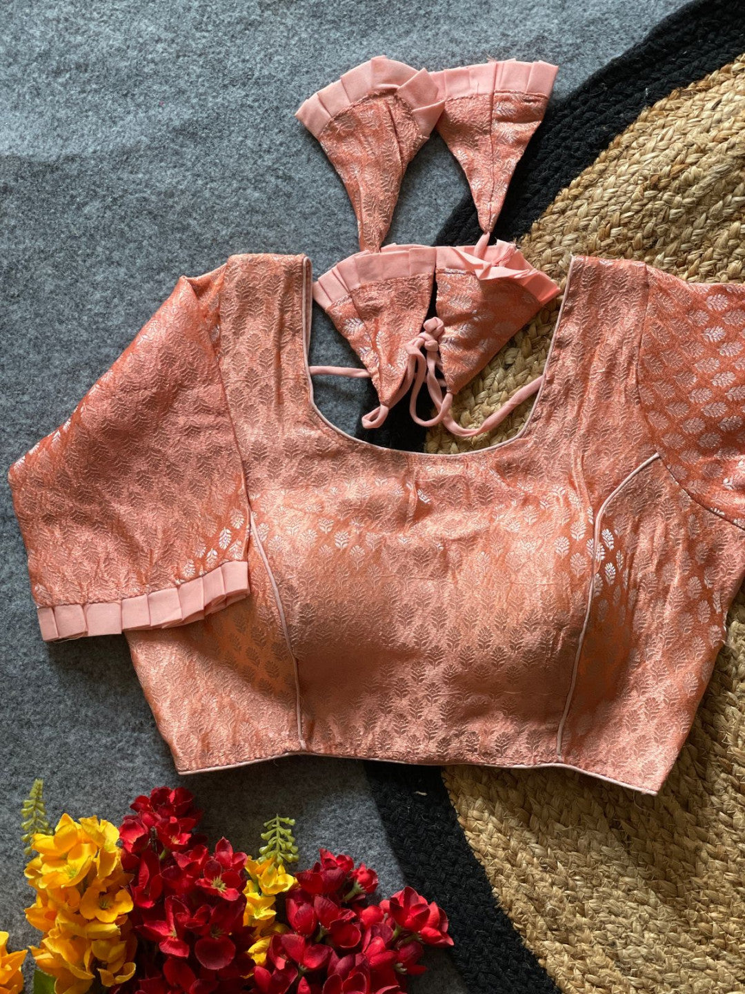 Baby pink katan banarasi readymade blouse with zari weaving work