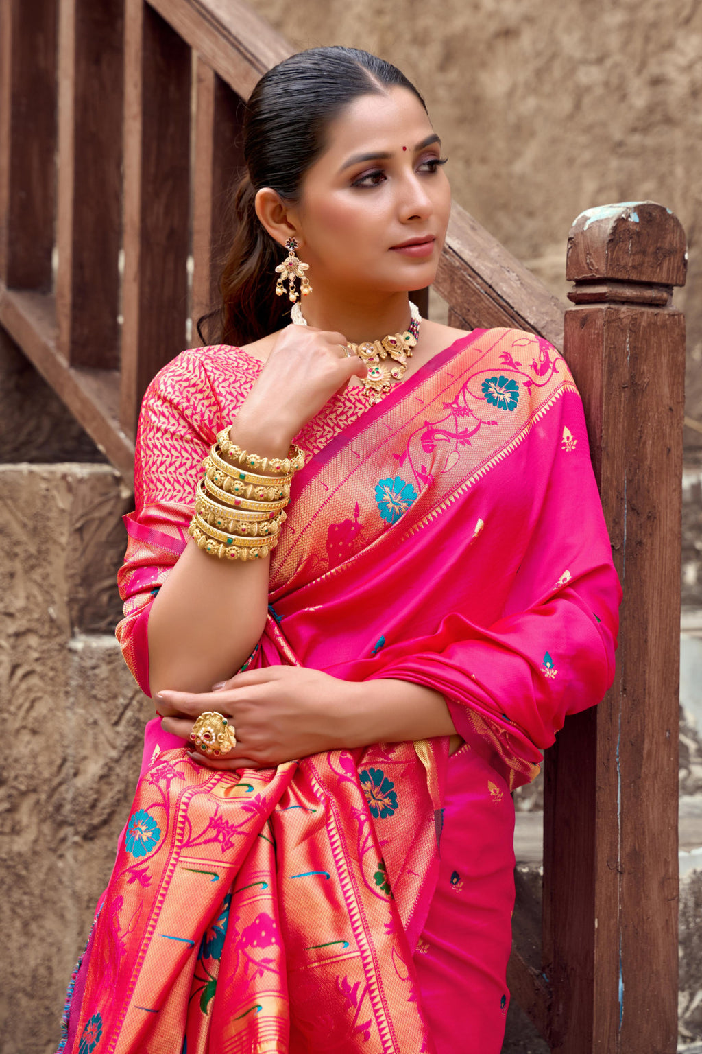 Traditional pink paithani silk saree with zari weaving work