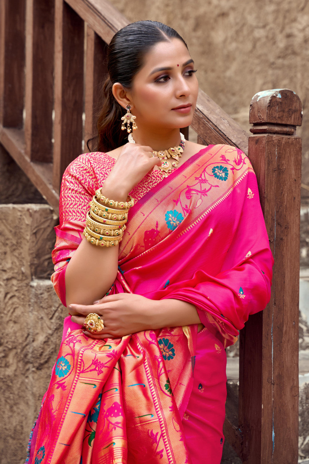 Traditional pink paithani silk saree with zari weaving work
