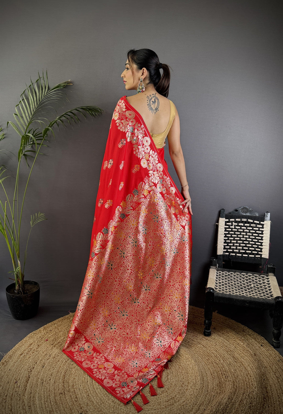 Red premium banarasi silk saree with meenakari zari weaving work