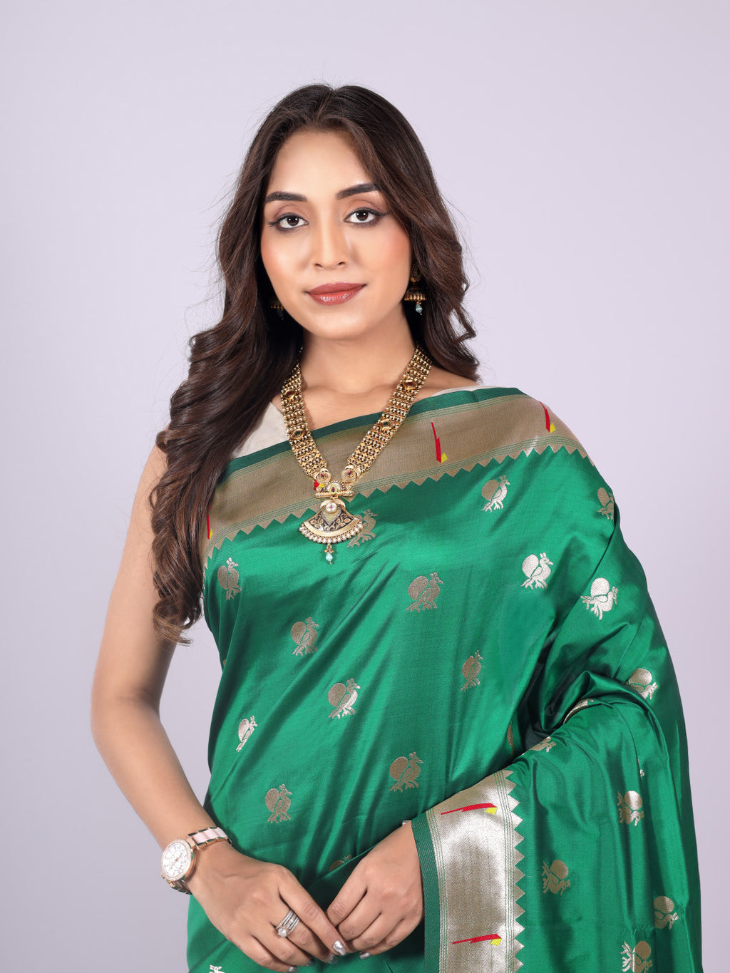 Green color paithani silk saree with zari weaving work