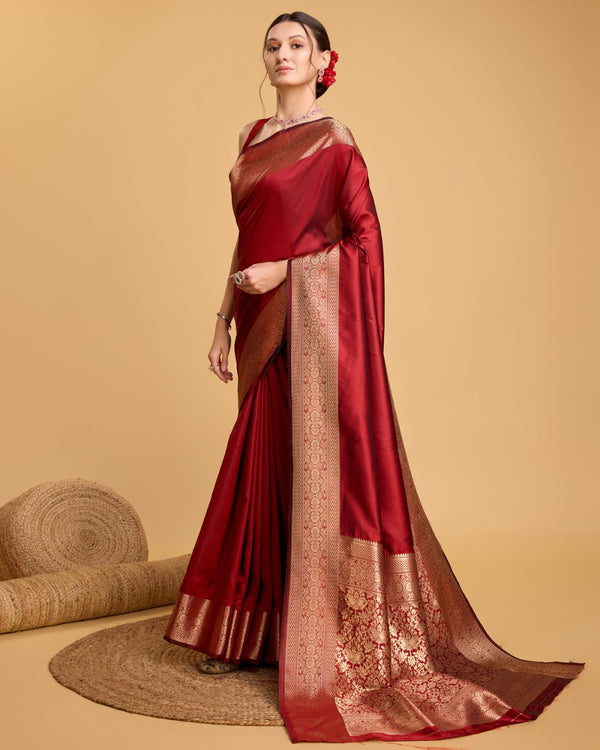 Red color soft kanchipuram silk saree with zari weaving work