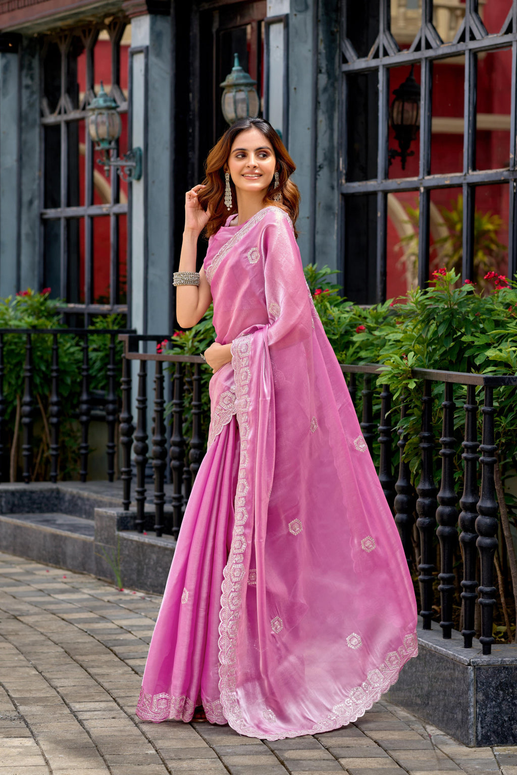Firoji fancy shimmer chiffon saree with embroidery work
