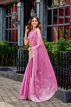 Firoji fancy shimmer chiffon saree with embroidery work