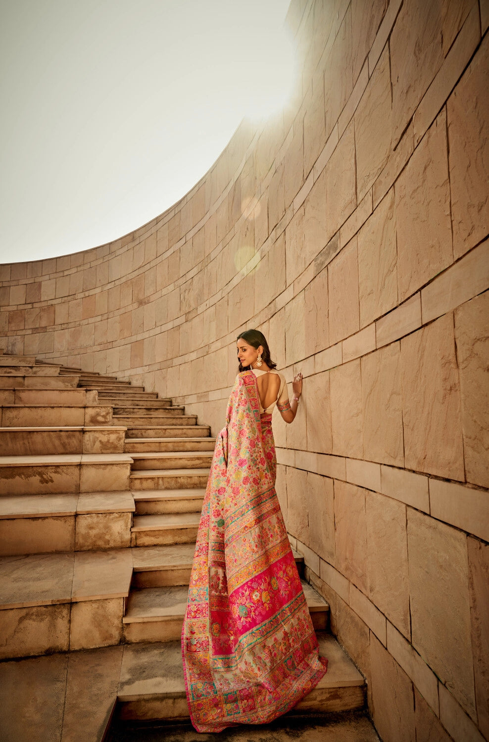 Cream traditional pashmina cotton saree with woven design