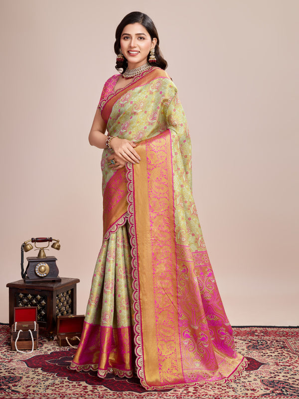 Pista green kanjivaram silk saree with zari weaving work