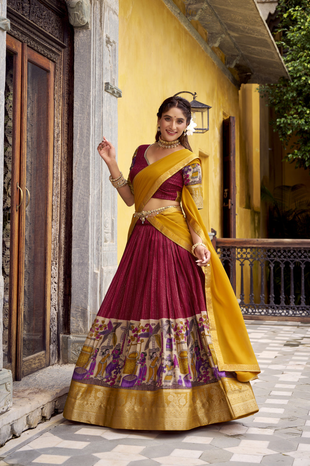 Traditional Kalamkari Printed Lehenga in Poly Chanderi with Zari Work & Georgette Dupatta