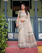 Beige summer special digital printed linen cotton saree