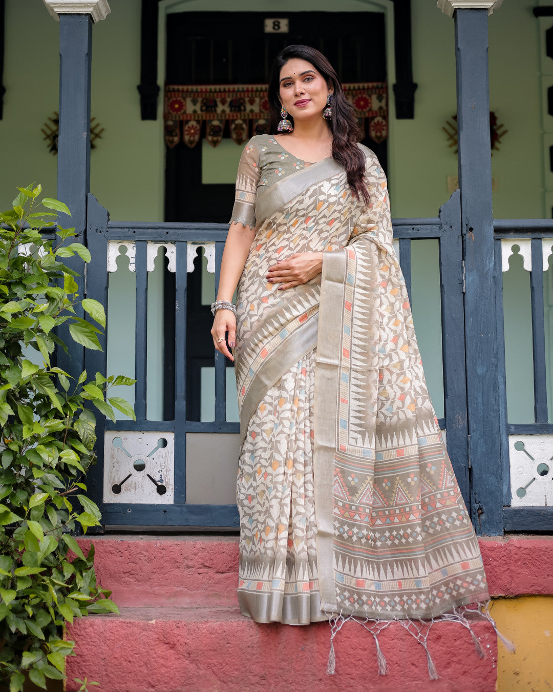 Beige summer special digital printed linen cotton saree