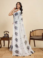 White linen cotton saree with digital printed work and silver zari border