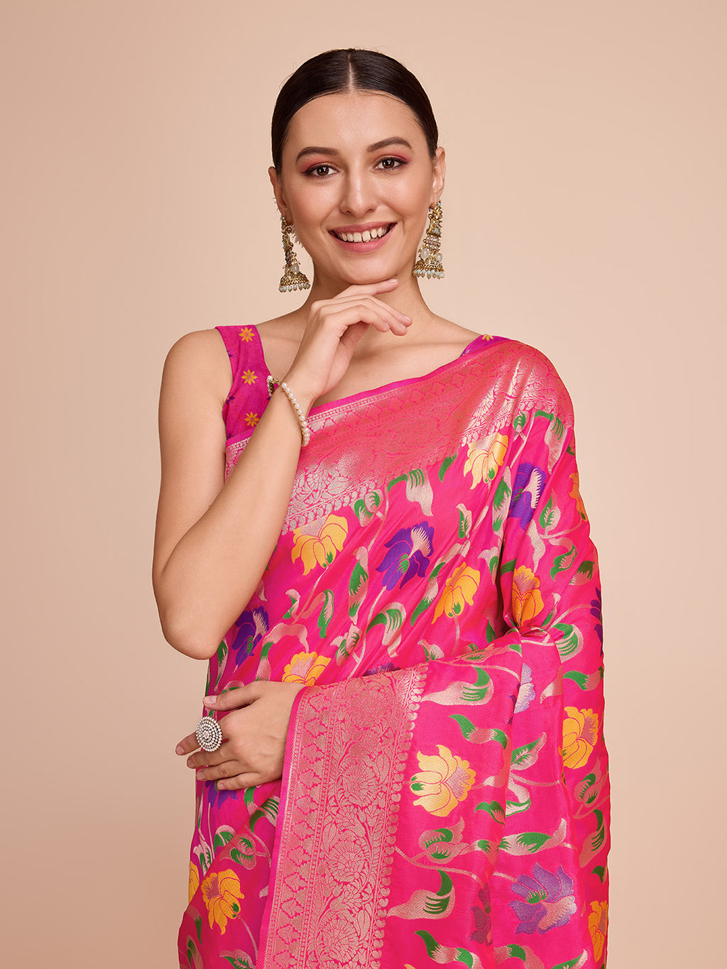 Rani pink color paithani silk saree with zari weaving work