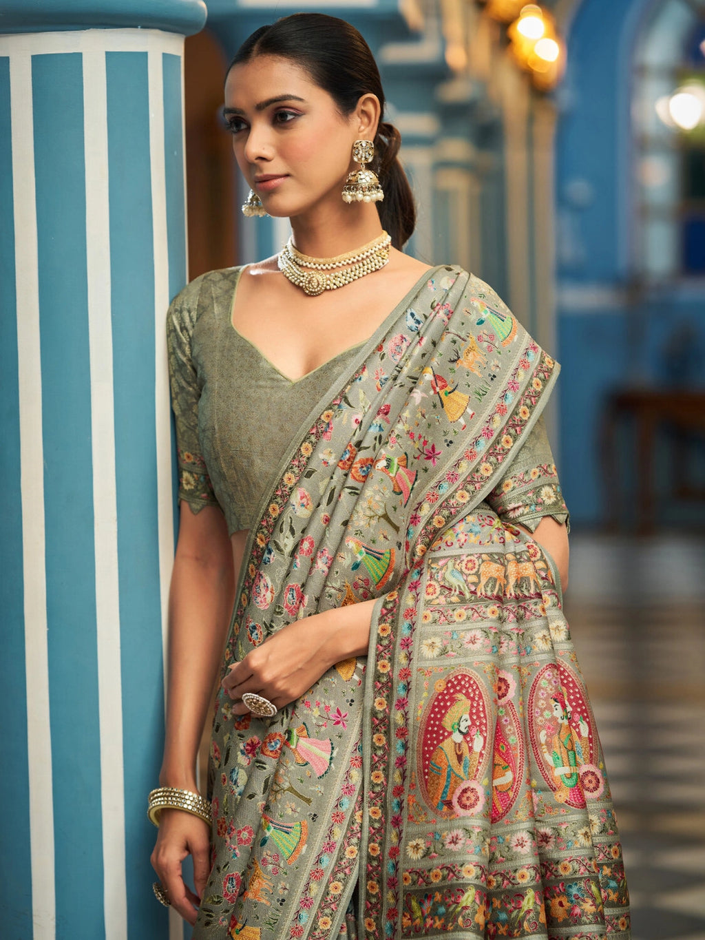 Light pista green exclusive pure pashmina silk saree with woven design