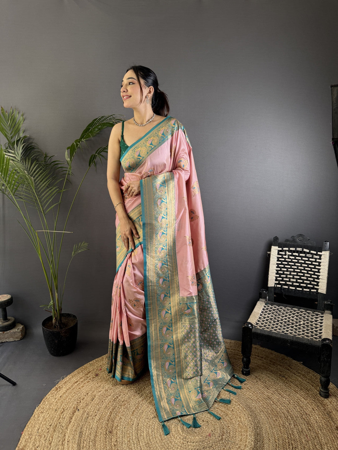 Baby pink traditional banarasi silk saree with zari weaving work