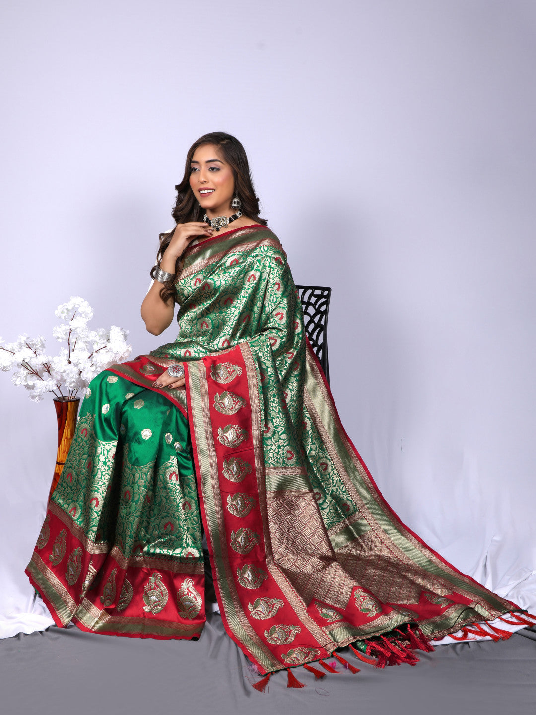 Green color kanchipuram silk saree with zari weaving work