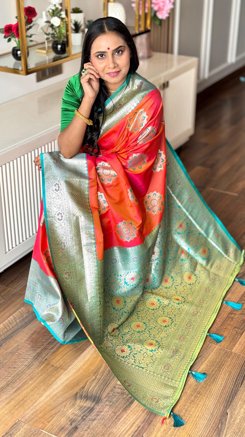 Peach luxurious banarasi silk saree with zari weaving work