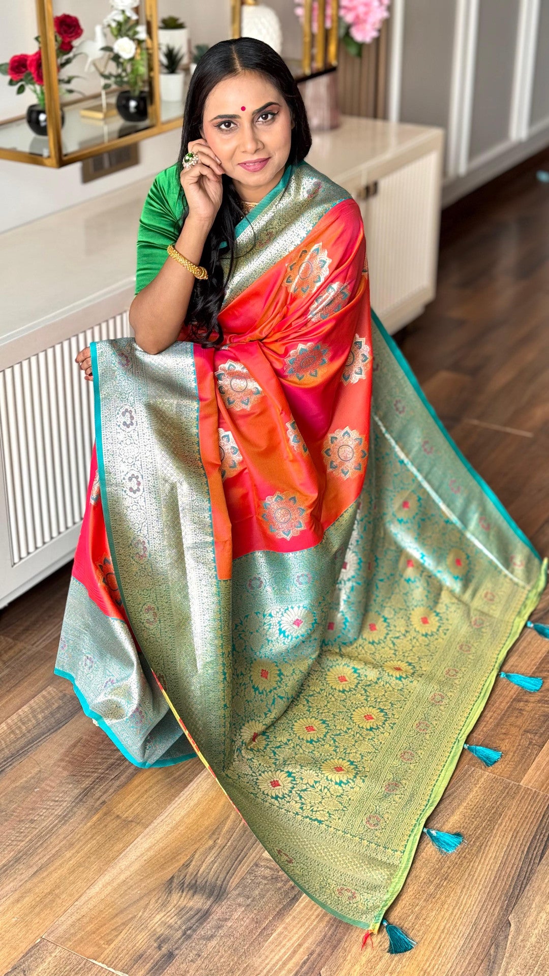 Peach luxurious banarasi silk saree with zari weaving work