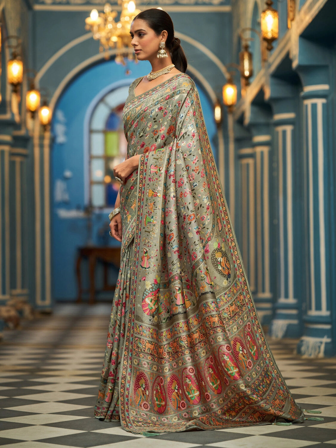 Light pista green exclusive pure pashmina silk saree with woven design
