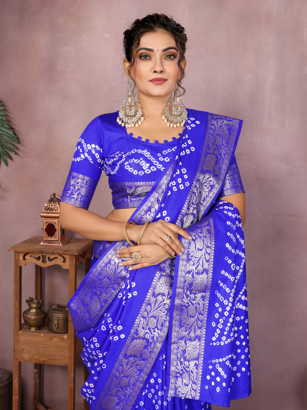 Royal blue colour hand bandhej bandhani saree with zari weaving work