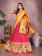 Pink color jecquard paithani silk lehenga with zari weaving work