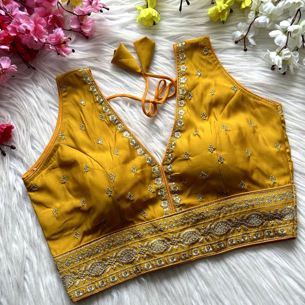 Yellow heavy roman silk readymade blouse with embroidery and sequence work