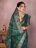 Green colour hand bandhej bandhani saree with zari weaving work