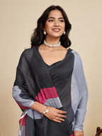 Multi linen cotton saree with digital printed work and silver zari border