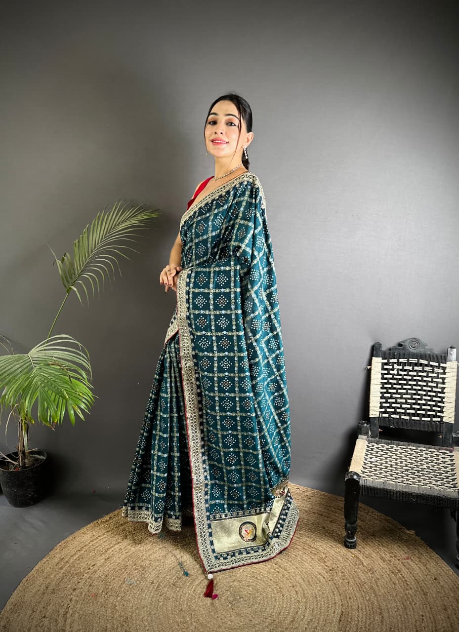 Firoji traditional blooming vichitra khadi bandhej silk saree with sequence work&nbsp;