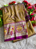 Mustard yellow traditional paithani silk saree with peacock zari weaving work