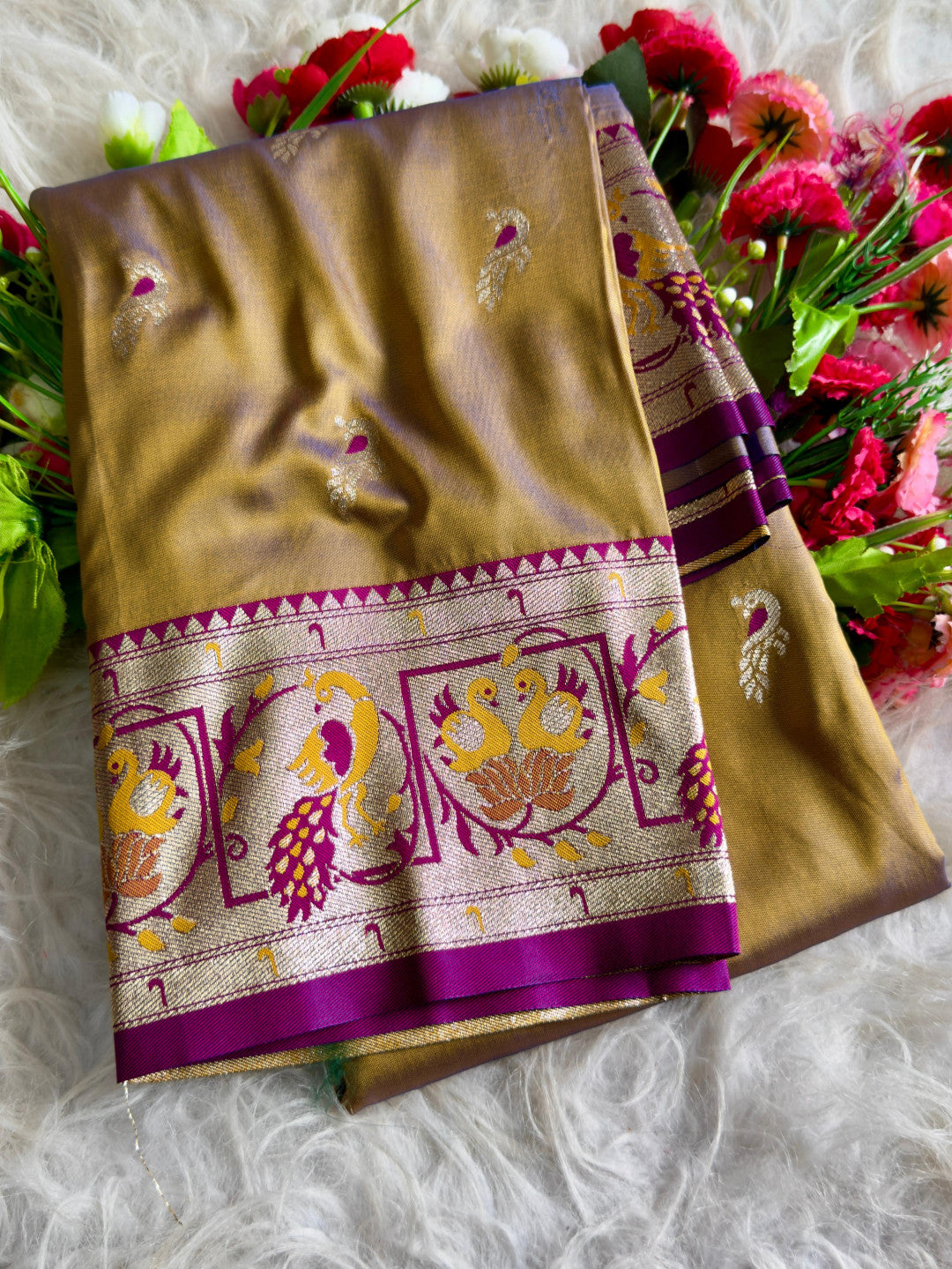 Mustard yellow traditional paithani silk saree with peacock zari weaving work