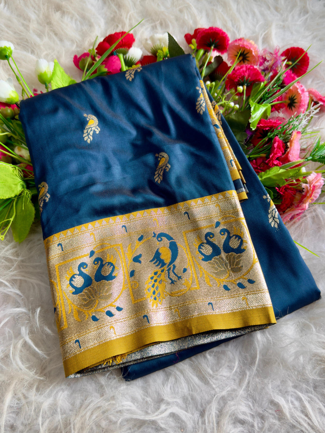 Firoji traditional paithani silk saree with peacock zari weaving work