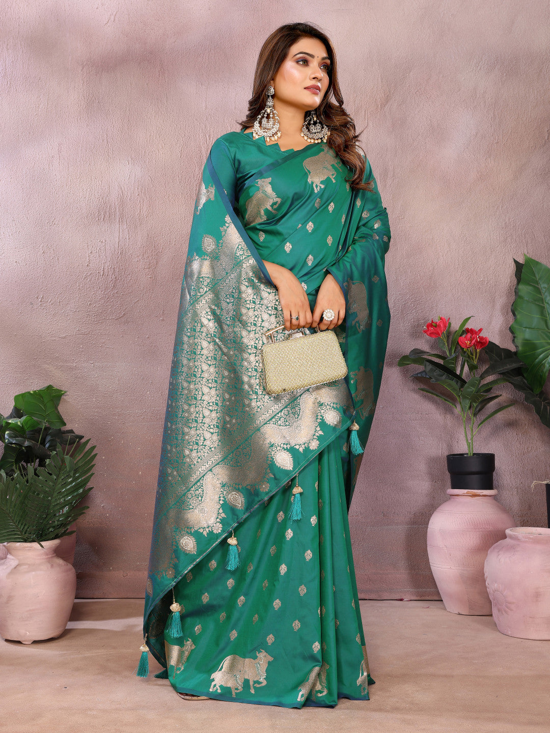 Rama green traditional banarasi silk saree with zari weaving work
