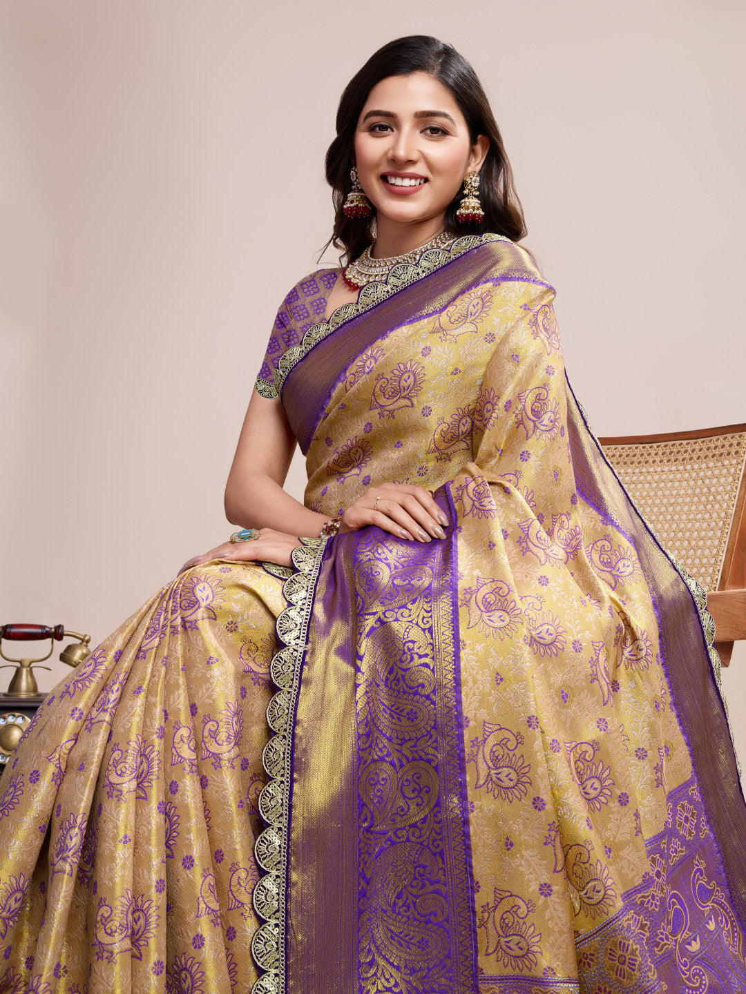 Beige kanjivaram silk saree with zari weaving work