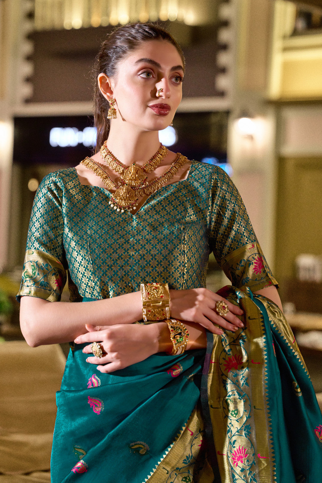 Traditional morpeach paithani silk saree with zari weaving work