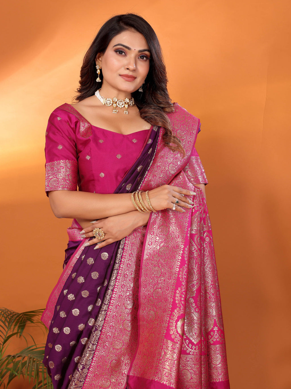 Magenta traditional banarasi silk saree with zari weaving work