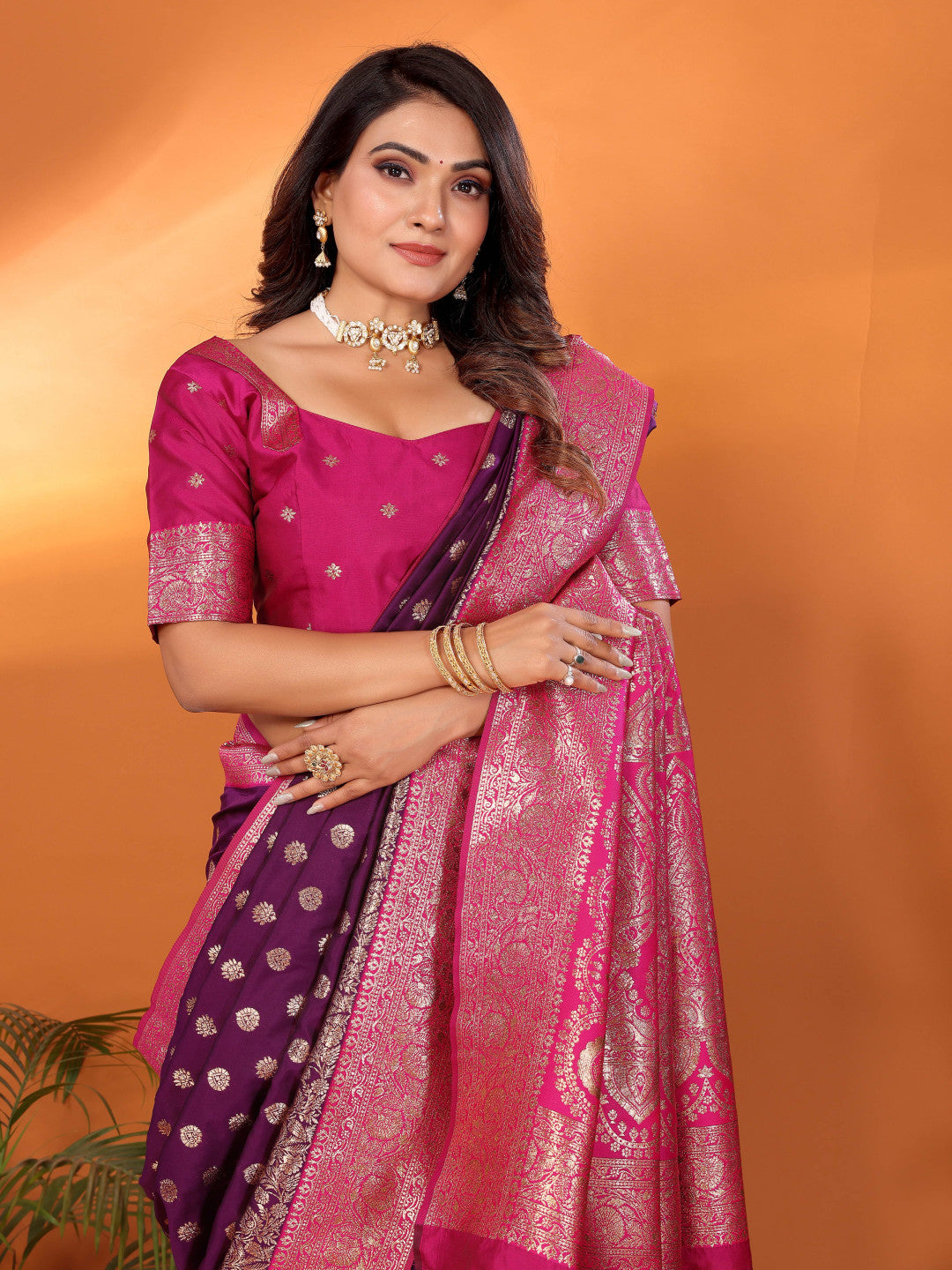 Magenta traditional banarasi silk saree with zari weaving work