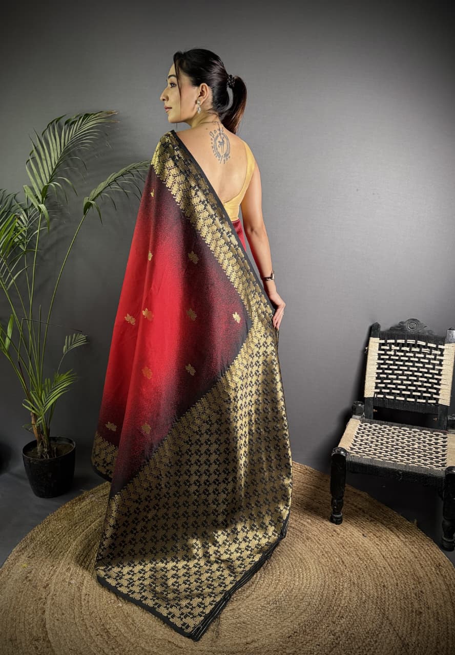 Red color banarasi silk saree with zari weaving work