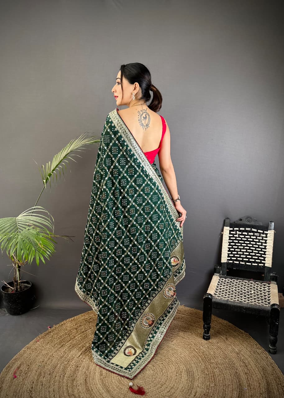 Dark green traditional blooming vichitra khadi bandhej silk saree with sequence work