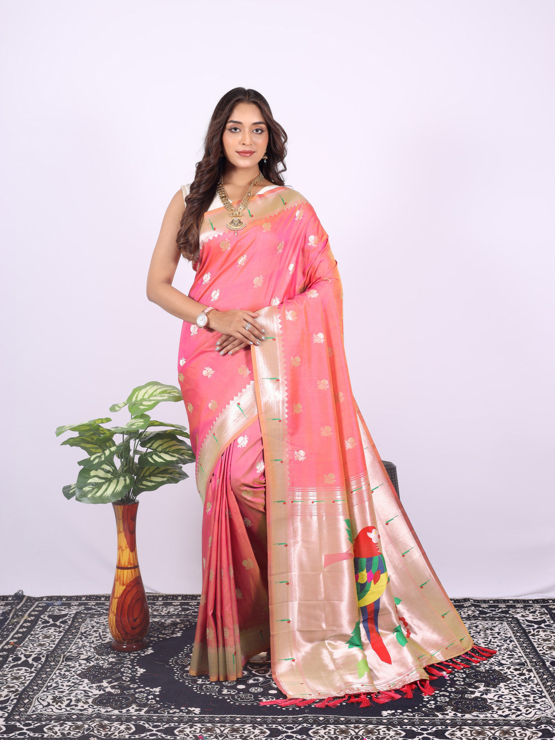 Peach color paithani silk saree with zari weaving work