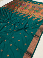 Rama green color paithani silk saree with zari weaving work