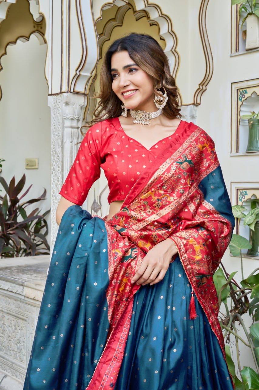 Firoji and red color dola silk lehenga with patola printed work
