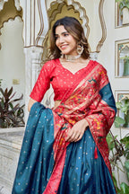 Firoji and red color dola silk lehenga with patola printed work