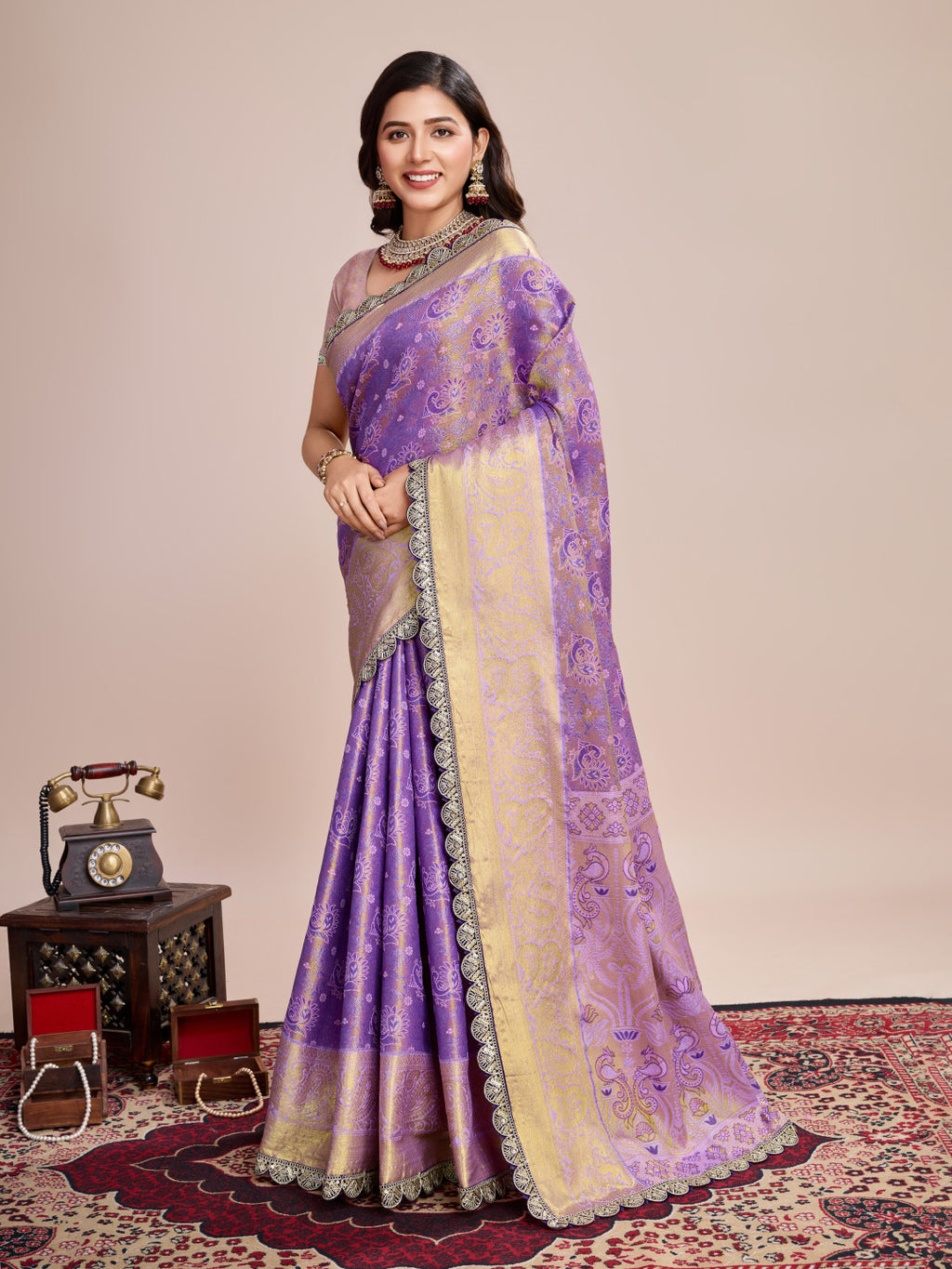 Purple kanjivaram silk saree with zari weaving work