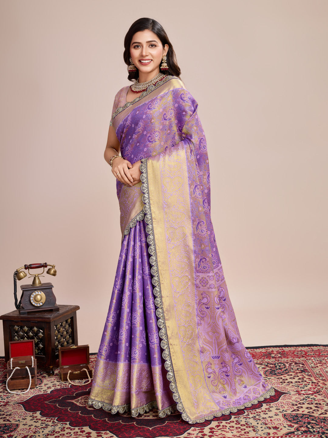 Purple kanjivaram silk saree with zari weaving work